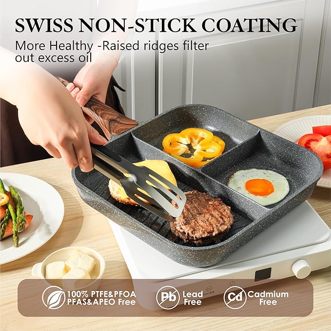 Sensarte Nonstick 11-Inch Square Grill Pan, 3-Section Versatile Breakfast - Image 3
