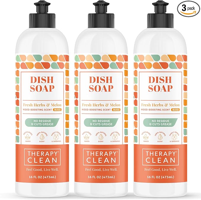 Therapy Clean Dish Soap - Fresh Herbs and Melon - 16 fl oz (Pack of 3), Biodegradable Natural Dishwashing Liquid, Liquid DIsh Soap