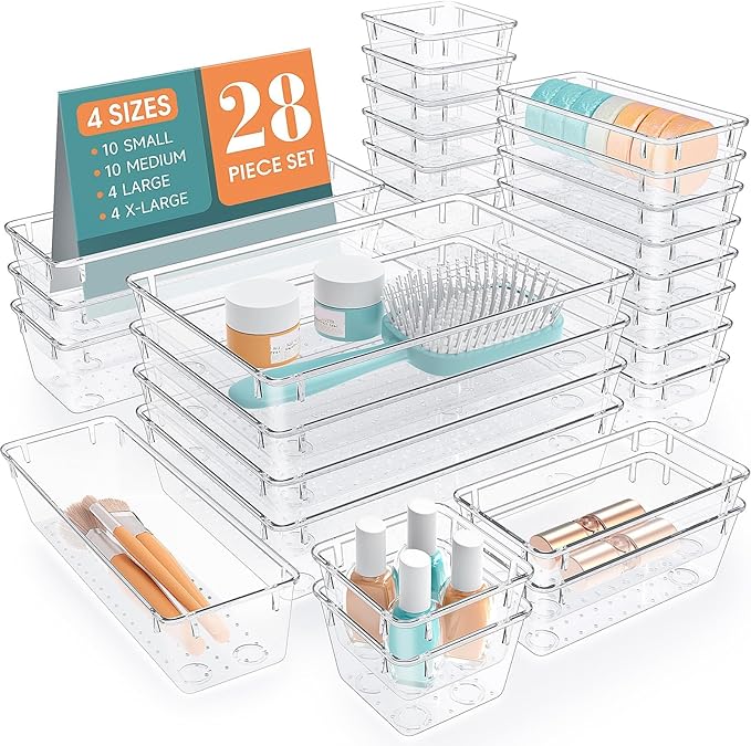 StorMiracle 28 PCS Clear Plastic Drawer Organizers Set, 4 Size Desk Drawer by StorMiracle