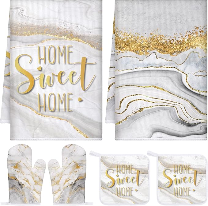 Bencailor 6 Pcs Marble Kitchen Decor Gold Pot Holders Oven Mitts 2 Dish Towels by Bencailor