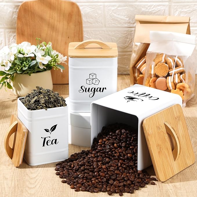 Maxdot 3 Set Coffee Sugar Tea Containers, Square Airtight Kitchen Canisters - Image 4