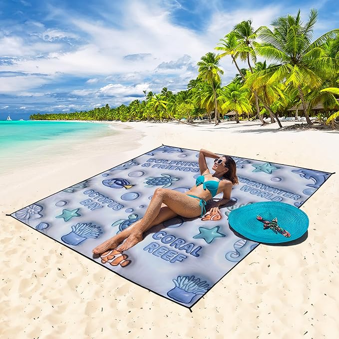 WIWIGO Beach Blanket Waterproof Sandproof Beach Mat 79" X 83"/10'x9'for 2-8 - Image 4