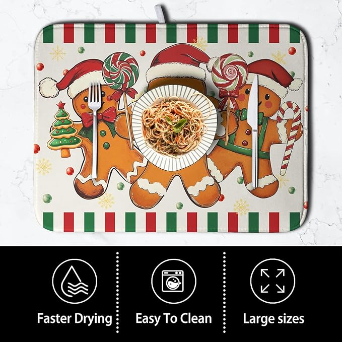 Christmas Dish Drying Mat Gingerbread Man Candy Cane Xmas Tree Drying Mats - Image 4