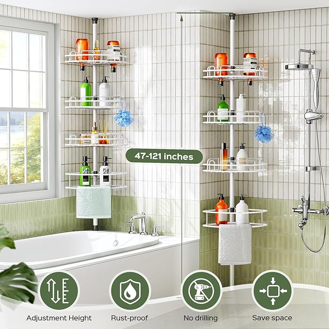 HAMITOR Corner Shower Caddy Tension Pole: Rustproof Bathroom Organizer Shelves - Image 7