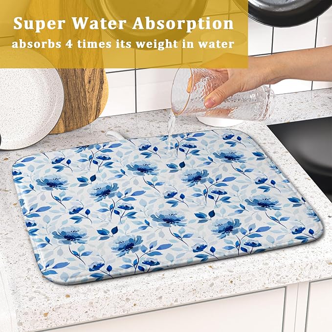 Blue Floral Dish Drying Mat 16x18 inch Flower Leaves Dish Rack Pad Microfiber - Image 7