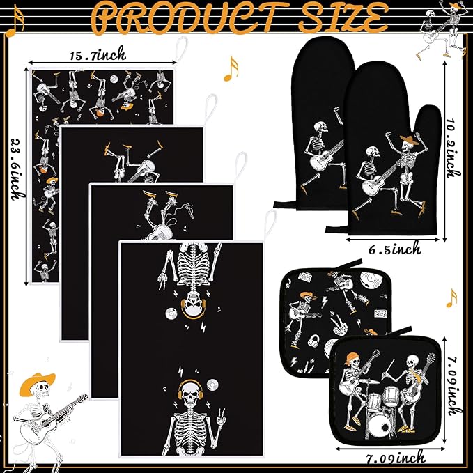 Leinuosen 8 Pcs Skull Kitchen Decor Set Kitchen Towels Gothic Oven Mitts and - Image 3