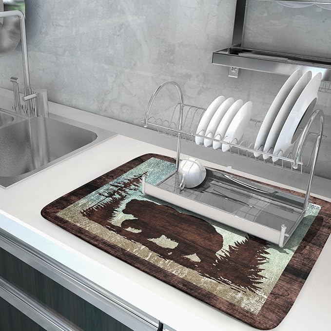 Giwawa Retro Brown Bear Forest Cabin Dish Drying Mat Countertop 18x24 Fall Blue - Image 5