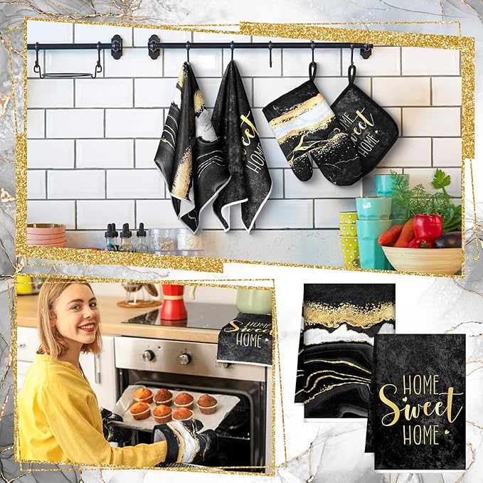 Bencailor 6 Pcs Marble Kitchen Decor Gold Pot Holders Oven Mitts 2 Dish Towels - Image 4