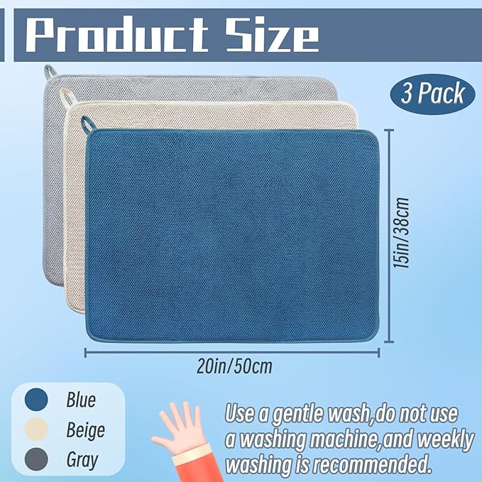 3 Pack Microfiber Dish Drying Mats, Ultra Absorbent Dish Drainer Mats, 20x15" - Image 2