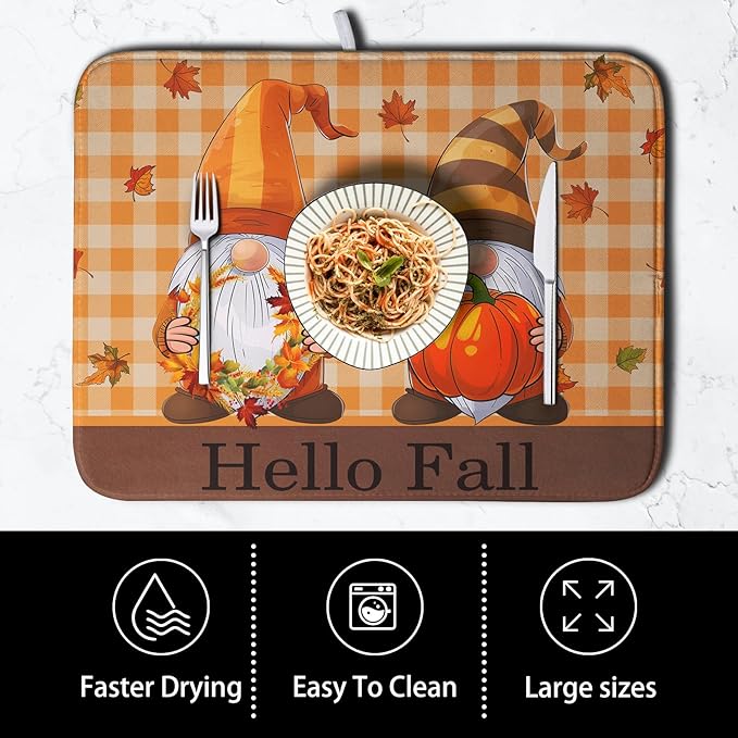 Hello Fall Autumn Gnomes Dish Drying Mat 18x24 Thanksgiving Pumpkin Maple - Image 4