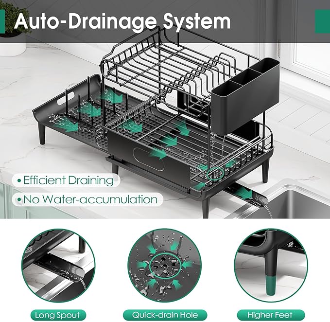 Urackify Dish Drying Rack for Kitchen Counter, Expandable 2 Tier Dish Rack - Image 5