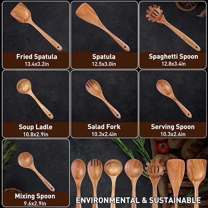 Wooden Utensil Set, WOTTISH 7Pcs Nonstick Wood Spatula, Wooden Kitchen Utensils - Image 3