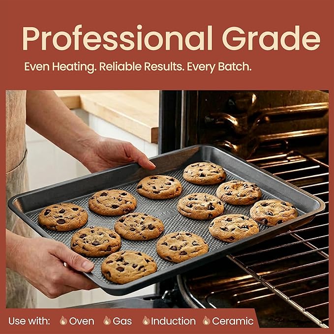 Diamond Bottom Cookie Sheet Set of 2, Nonstick Gray Carbon Steel Baking Pans - Image 3