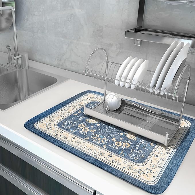 Blue Boho Dish Drying Mat for Kitchen Counter 18x24 Inch Fast Dry Drying Pad - Image 5