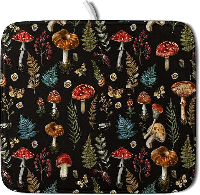 Mushroom Forest Dish Drying Mat Fern Leaves Black Drainer Mat by Giwawa