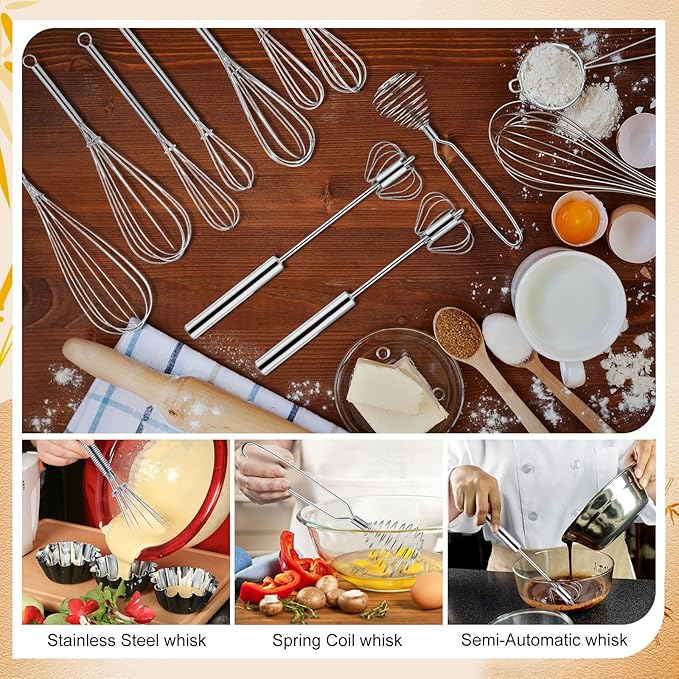 Teenyyou 10 Pcs Stainless Steel Whisks Set Egg Beater Semi Auto Whisk Blender - Image 5