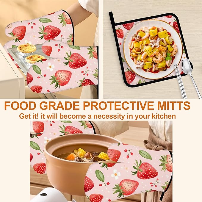 Strawberry Daisy Pattern Oven Gloves and Hot Pads Set - Image 5
