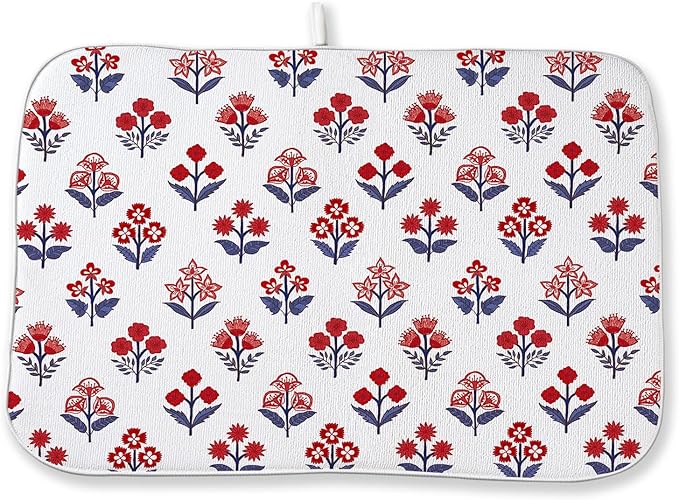 Red Blue Dish Drying Mat 18x24 Inch Vintage Boho Block Print Floral Drying Mat by DAFENA