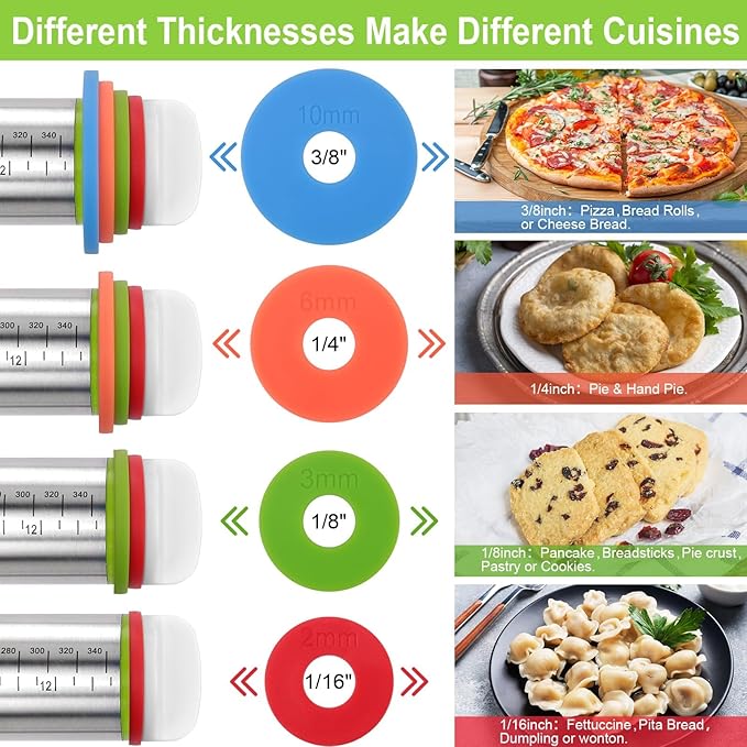 Rolling Pin with Thickness Rings and Silicone Baking Mat, Adjustable Stainless - Image 3