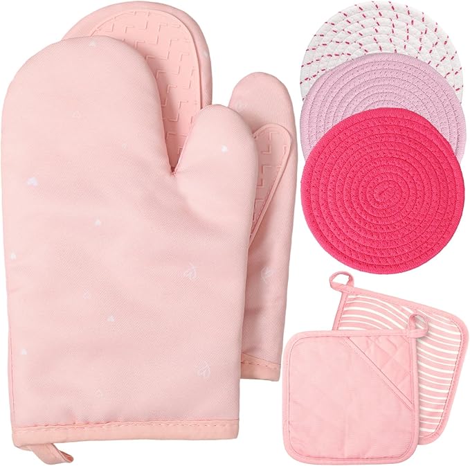 Sumind Pink Oven Mitts and Pot Holders 7 Sets, Heat Resistant Kitchen Gloves by Sumind