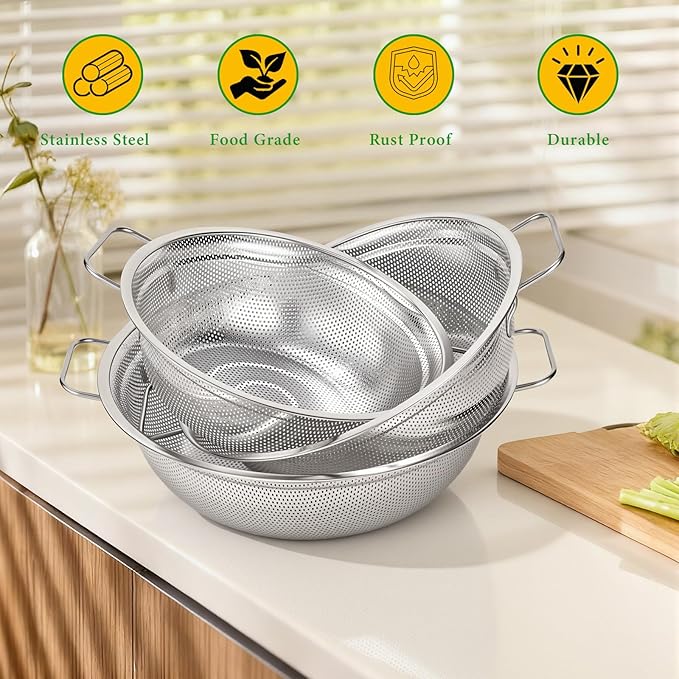 Colander Set of 3, Stainless Steel Micro-Perforated Colanders Strainers - Image 7