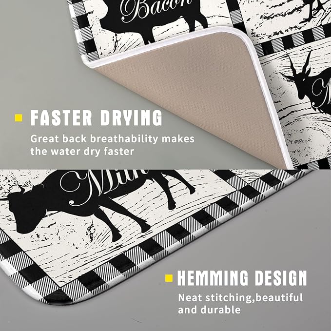 Farmhouse Animal Dish Drying Mat Buffalo Plaid Drainer Rack Mats Fast Dry - Image 3