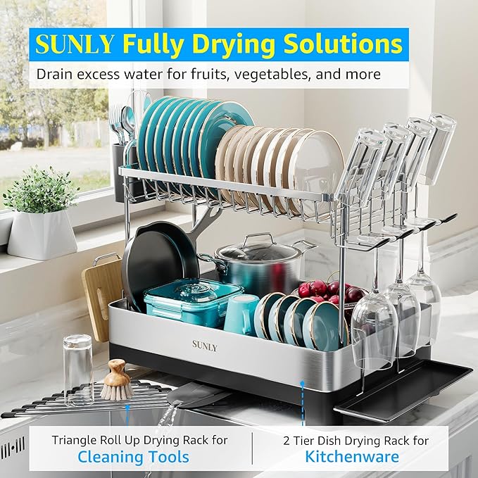 SUNLY 2 Tier Dish Drying Rack, Extra Large Dish Rack, 304 Stainless Steel - Image 2