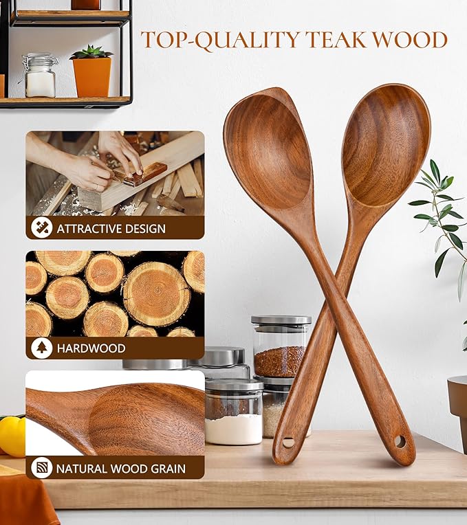 2Pcs Wooden Spoons for Cooking, Natural Premium Teak Wood Spoon & Corner Spoon - Image 2