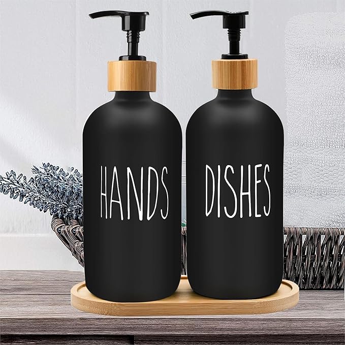Sunrise Premium 16 OZ Thick Black Glass Soap Dispenser, Bamboo Pump - Image 6