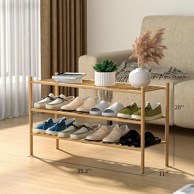 ROMGUAR CRAFT 3-Tier Bamboo Long Shoe Rack, Free Standing Wood Shoe Shelf - Image 3