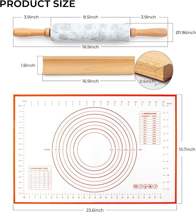 Marble Rolling Pin with Non-Stick Silicone Mat & Wood Base, 16.9-Inch Heavy - Image 3