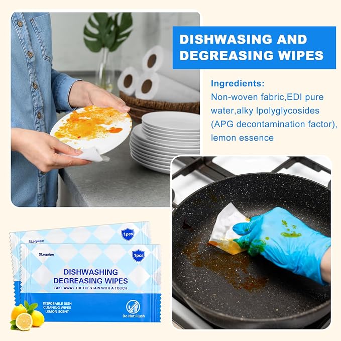 50 Pcs Dish Cleaning Wipes Individually Wrapped Travel Dish Soap Wipes,Portable Cleaning Wipes Disposable Wipes for Kitchen Outdoor Traveling Camping Quick Clean,Lemon Scent