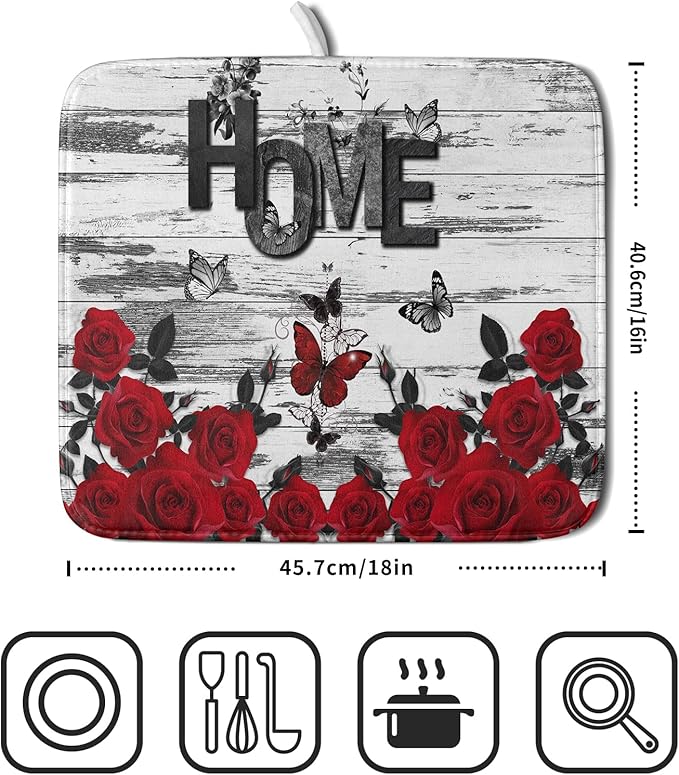 Red Rose Dish Drying Mat 16x18 inch Romantic Floral Absorbent Microfiber Sink - Image 2