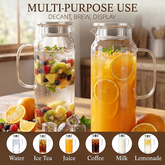 2 Pack Glass Pitcher with Lid and Handle, 68oz 2 Liter Borosilicate Glass Water - Image 7