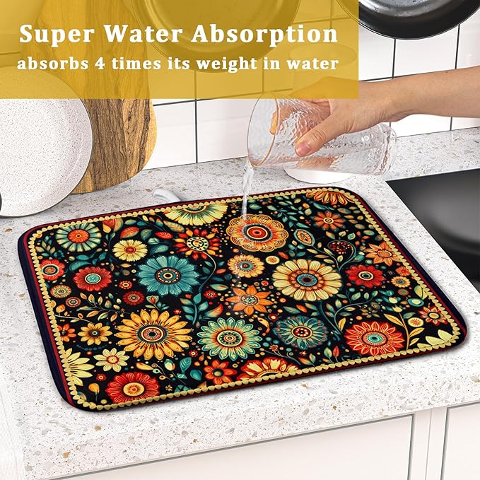 Bohemian Style Flowers Drying Pad Boho Floral Dish Drying Mat - Image 7