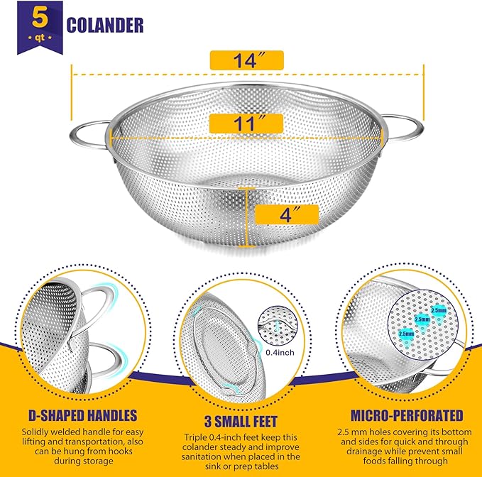 E-far 5-Quart Stainless Steel Colander, Micro-Perforated Metal Colander Strainer - Image 2
