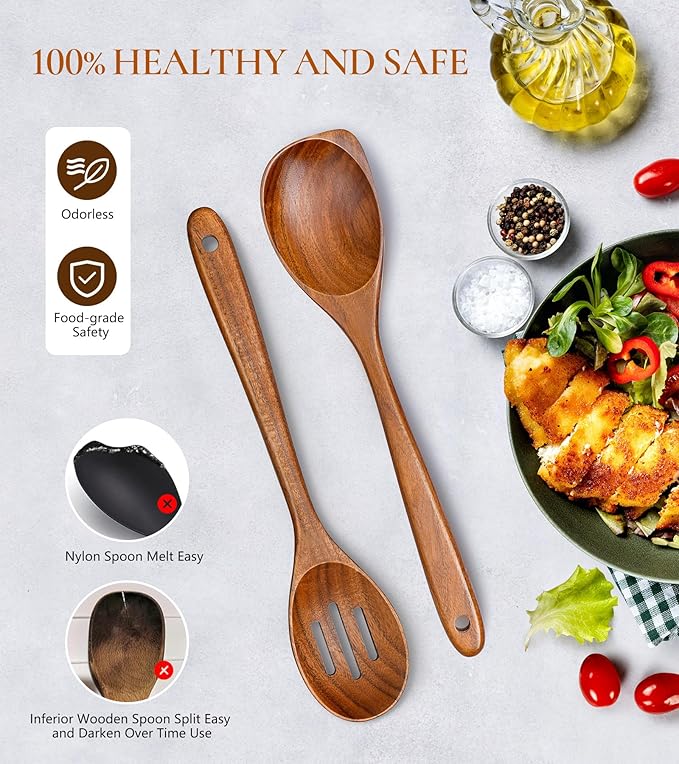 2Pcs Wooden Spoons for Cooking, Natural Premium Teak Wood Corner Spoon & - Image 5