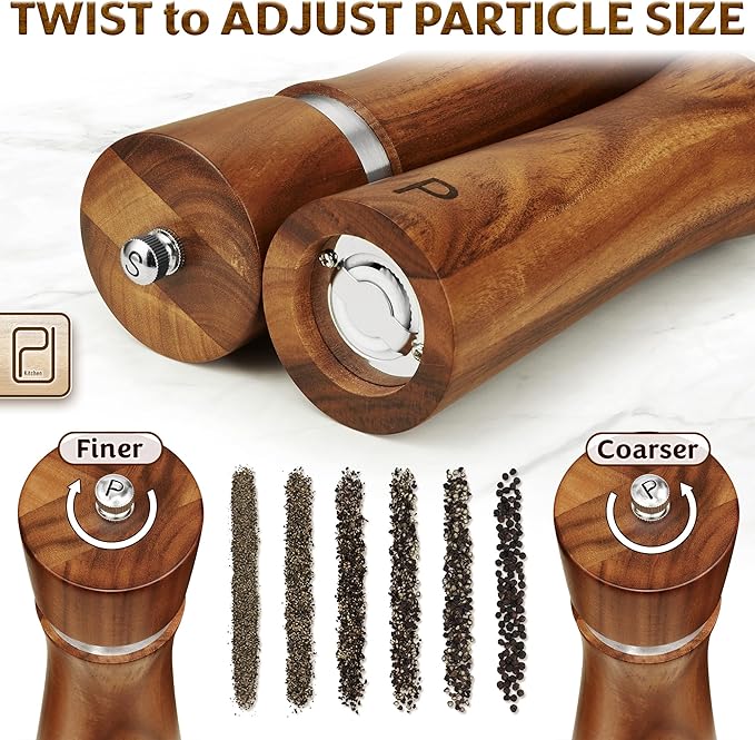 Salt and Pepper Acacia Wood Grinder Set - 60 g / 2 oz each - Tall Modern Mill - Image 7