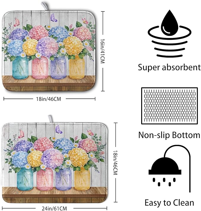 Hydrangea Dish Drying Mat for Kitchen Counter Spring Summer Floral Vases dish - Image 2