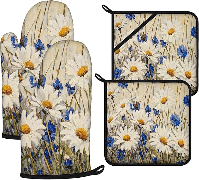 Daisy Flowers Oven Mitts and Pot Holders Sets 4Pcs, Extra Long Oven Gloves by VisittheDuibelproduct