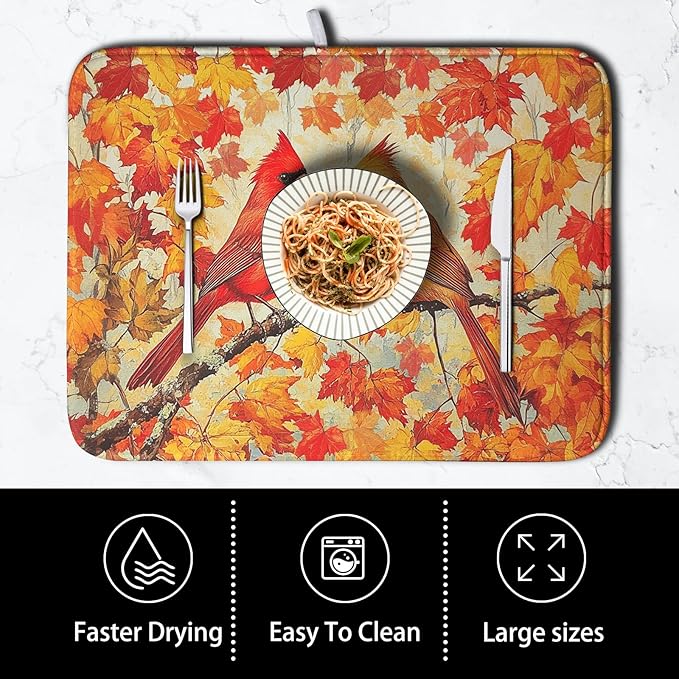 Fall Dish Drying Mats for Kitchen Counter Maple Leaf Cardinal Birds Dish - Image 4