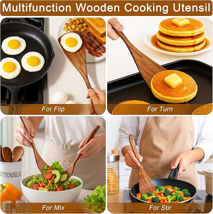 Jilla-hla Wooden Spatula Nonstick Turner Acacia Wood, Long Handle Flat Frying - Image 2