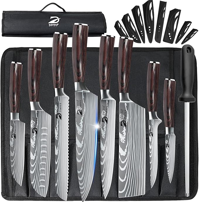 Dfito Chef Knife Sets with Roll Bag, 9 Pieces Professional Knife Set, High by DFITO