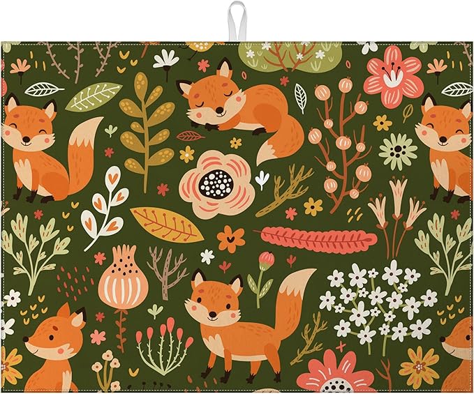 Cute Fox Dish Drying Mat for Kitchen Counter Animals Drying Pad Absorbent by MOUNTANLLY