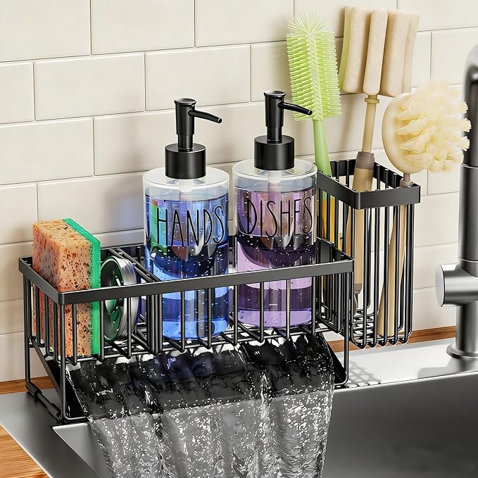 MASADI Kitchen Sink Caddy with Dish Soap Dispenser Set, 12OZ Glass Bottle by masadi