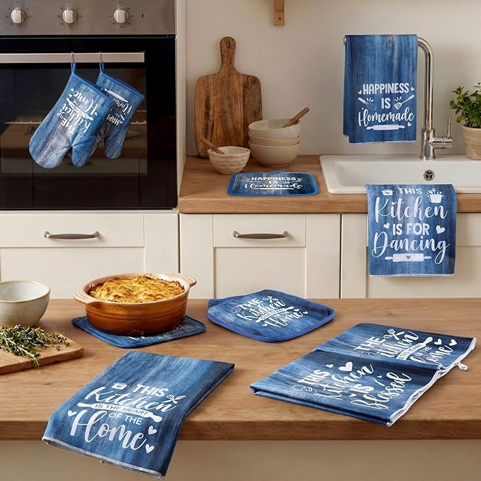 Leinuosen 8 Pcs Farmhouse Kitchen Decor Towels and Oven Mitts Sets Pot Holders - Image 7