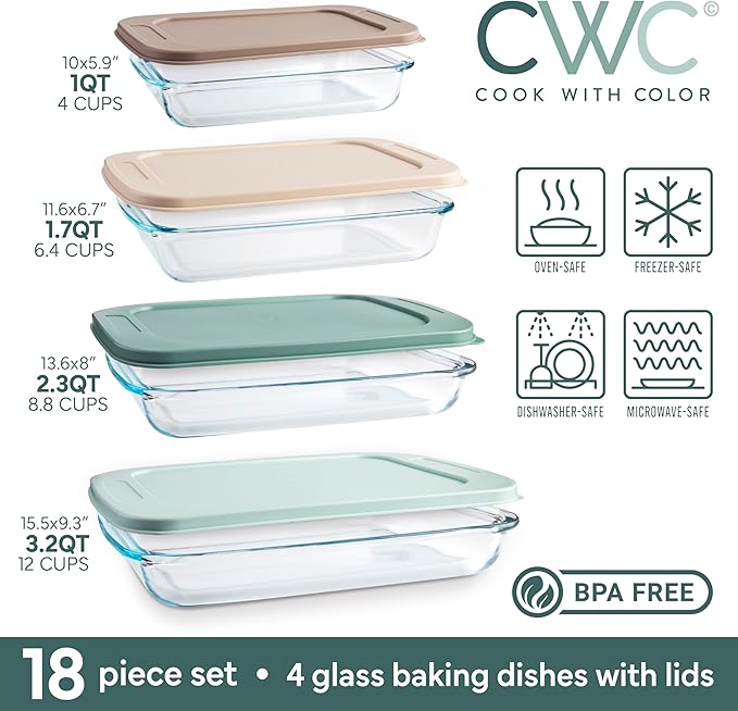 COOK WITH COLOR 8-Piece Deep Glass Baking Dish Set with Plastic Lids – - Image 3