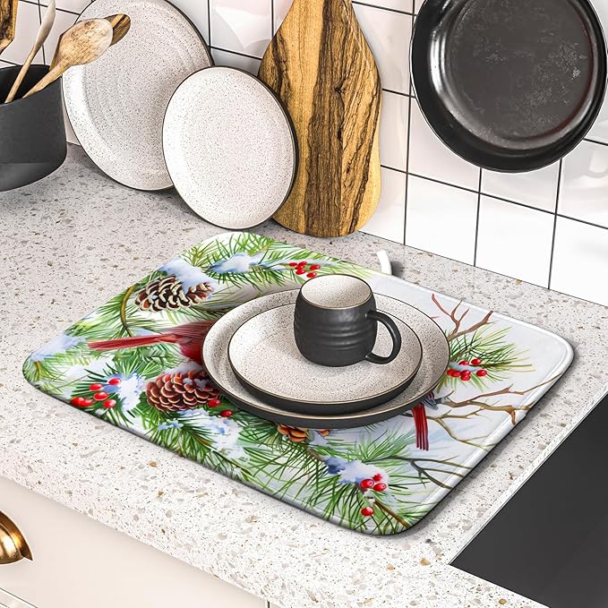Giwawa Red Birds Dish Drying Mat, Xmas Tree Branch Holly Red Berries Dish - Image 5