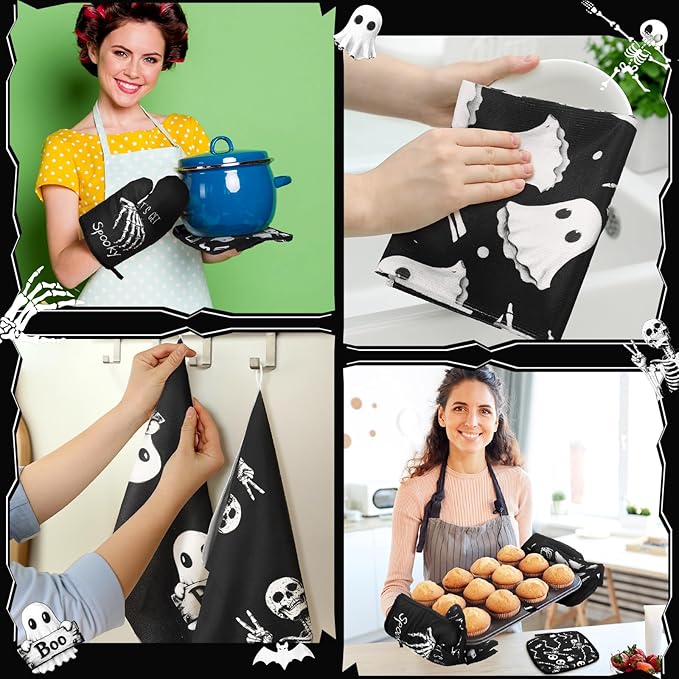 Leinuosen 8 Pcs Skull Kitchen Decor Set Kitchen Towels Gothic Oven Mitts and - Image 6