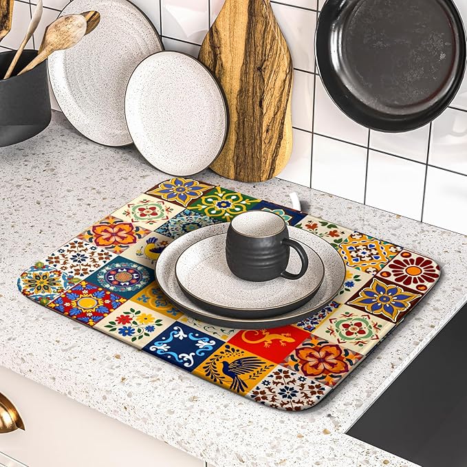 Giwawa Mexican Tile Dish Drying Mat 16"x18" Talavera Boho Floral Print Dish - Image 4